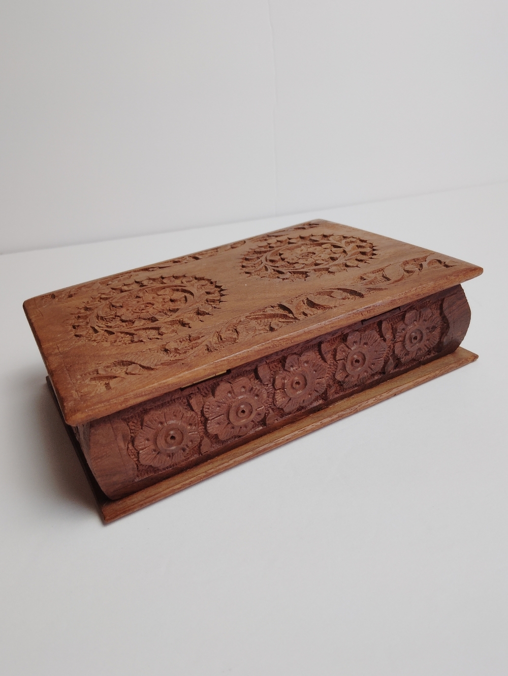 Handmade Boho Floral Carved Wooden Jewelry Box / Trinket Box Vintage